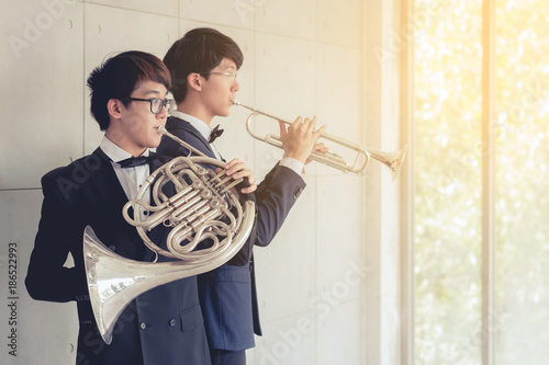 professional musical instrument concept : musician artist playing metal french horn