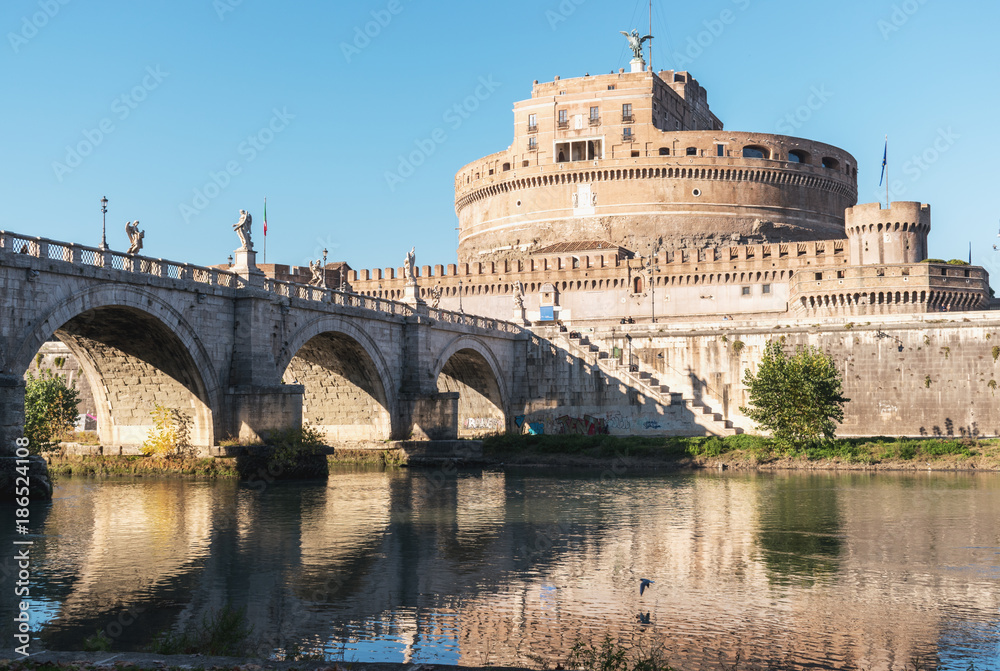 Rome, Italy. Bridge and Castel Sant Angelo on Tiber river.