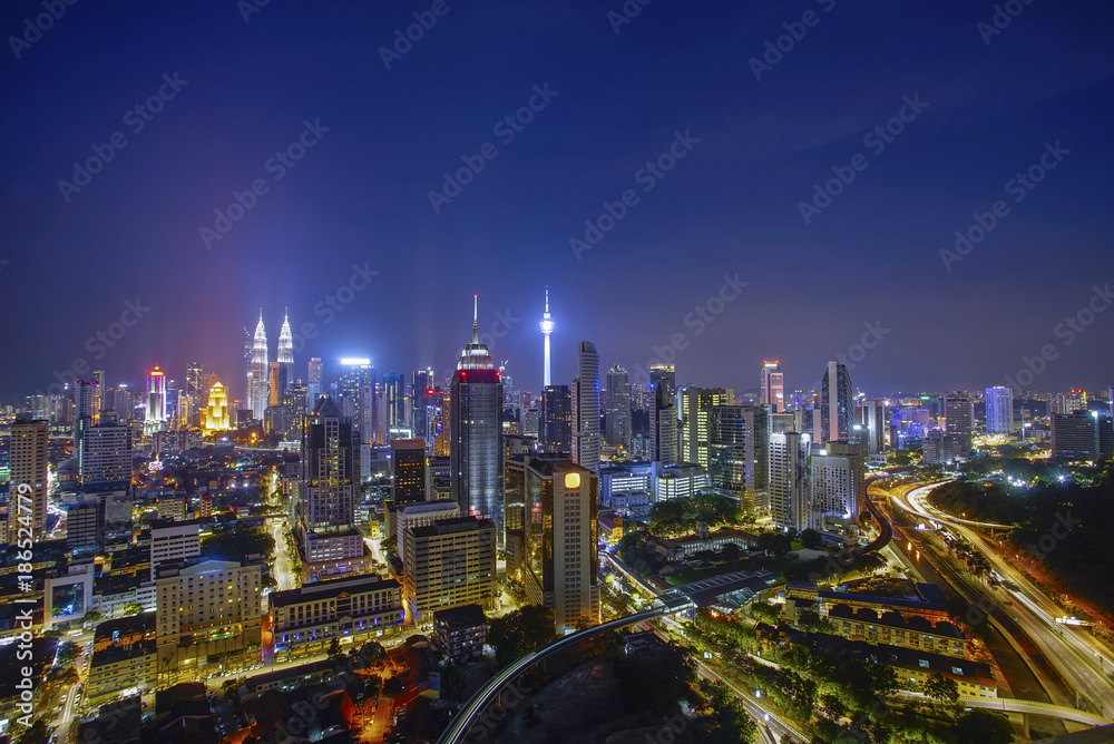 Kuala Lumpur, Malaysia City Center skyline at night.