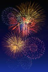 Beautiful colorful fireworks burst in the dark sky, long exposure shot of pyrotechnics. Fireworks celebration and the twilight sky background.