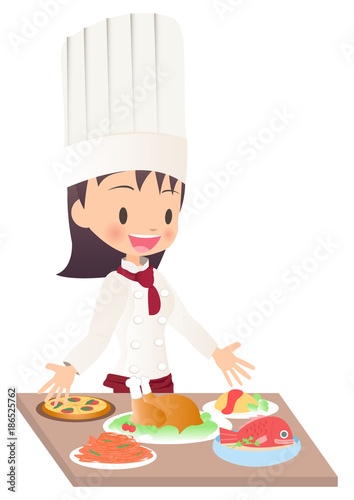 料理を完成させた女性シェフのイラスト画像