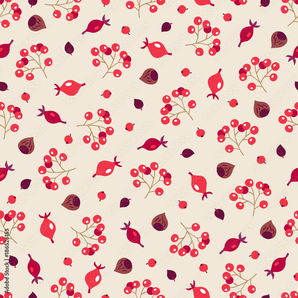 Seamless pattern with briar, rowan, hazelnut and leaves Seamless pattern with briar, rowan, hazelnut and leaves