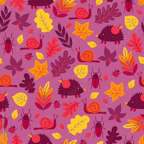 Seamless pattern with snail, bug, hedgehog, oak and maple leaves