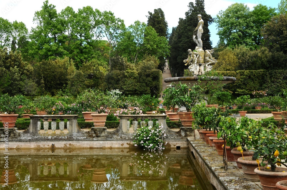 Pond in the Boboli Garden (Palazzo Pitti), during a sunny day in spring season. Florence, Italy. 