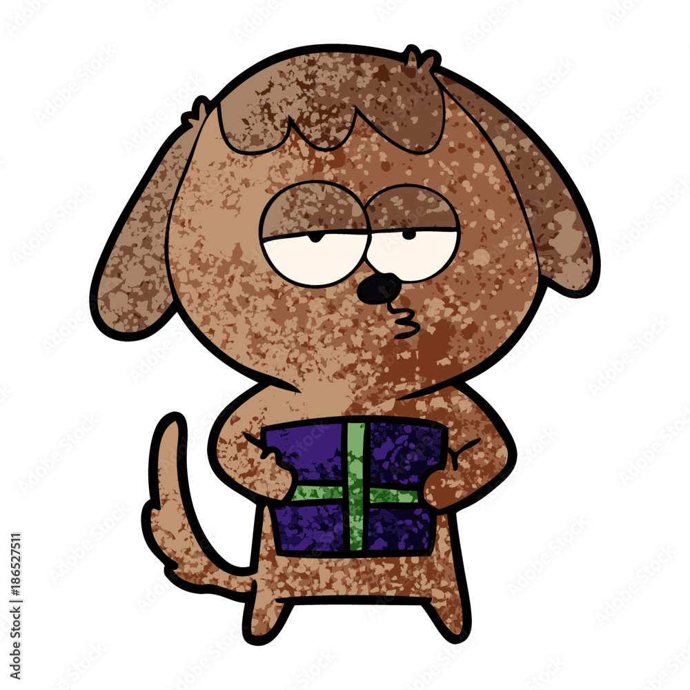 cartoon bored dog with christmas present cartoon bored dog with christmas present