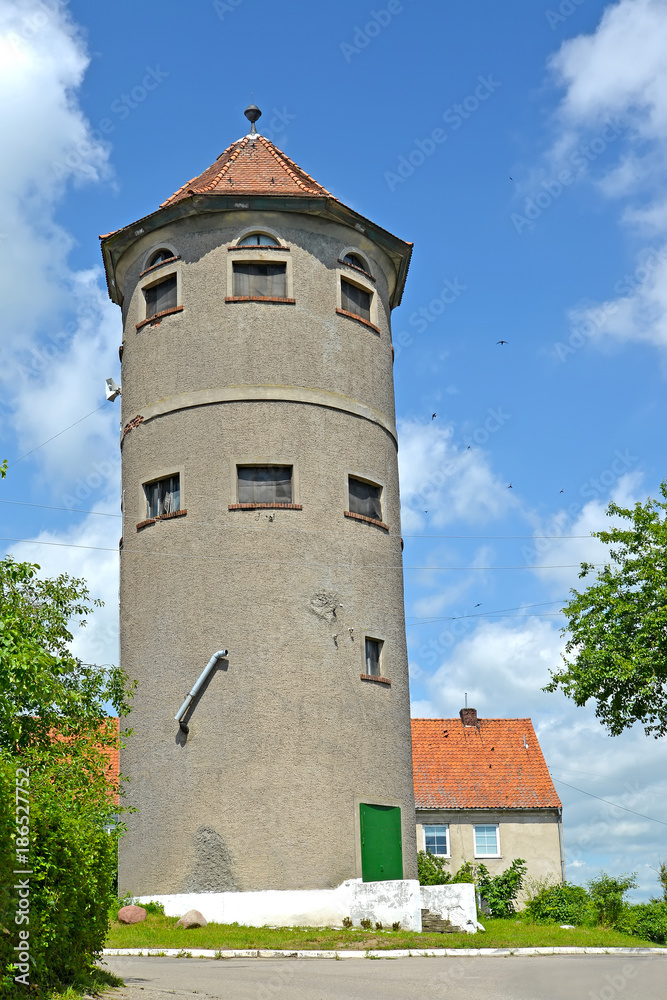 Old water tower on Karl Marx Street. Gvardeysk, Kaliningrad region
