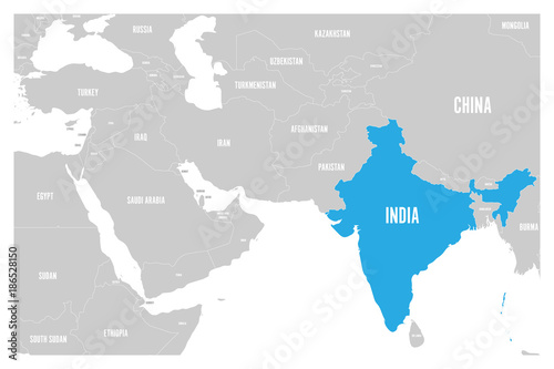India blue marked in political map of South Asia and Middle East. Simple flat vector map..