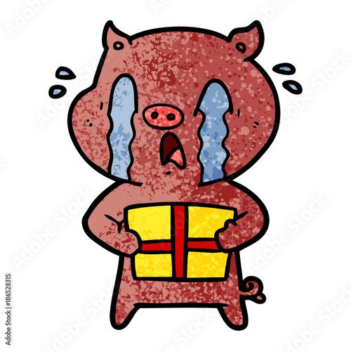 crying pig cartoon delivering christmas present