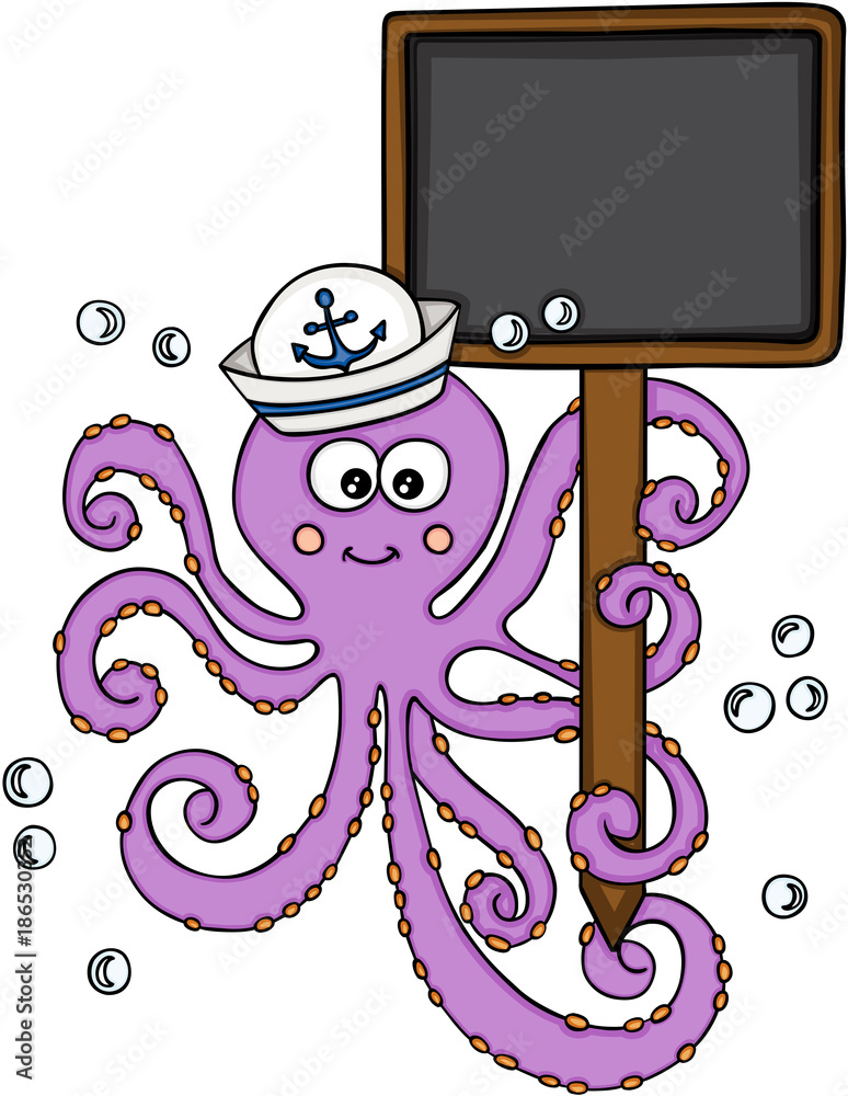 Octopus with sailor hat holding a blank wood sign Stock Vector | Adobe ...