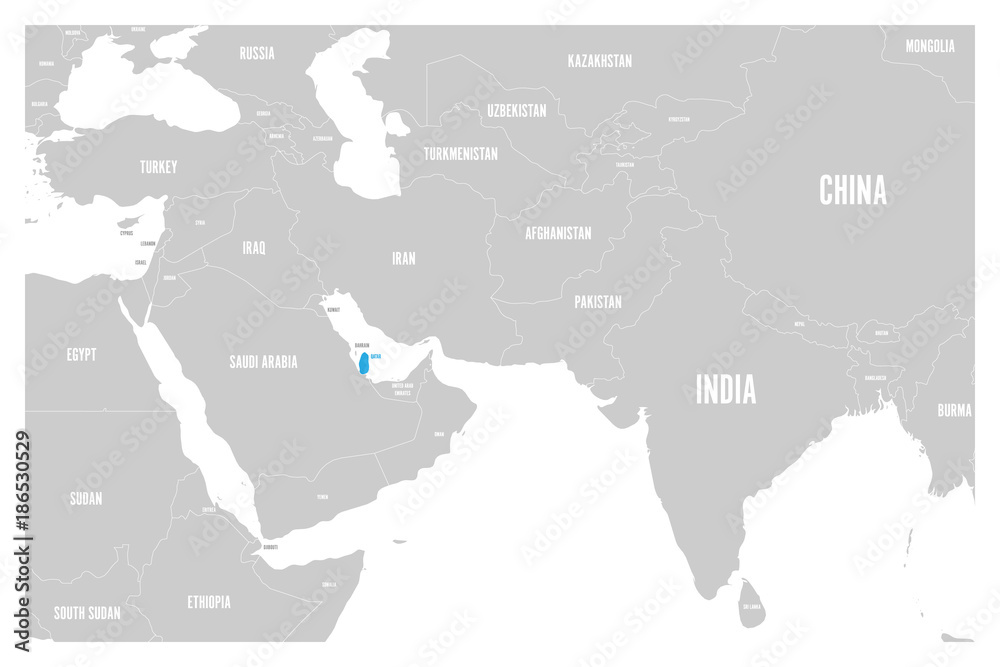 Qatar blue marked in political map of South Asia and Middle East. Simple flat vector map..