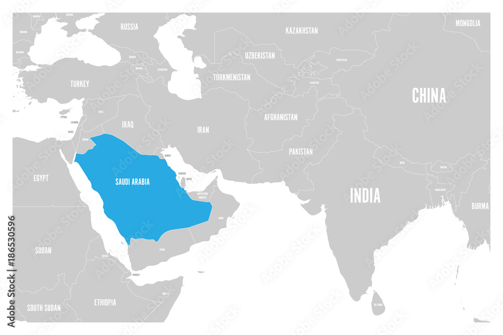 Saudi Arabia blue marked in political map of South Asia and Middle East. Simple flat vector map..