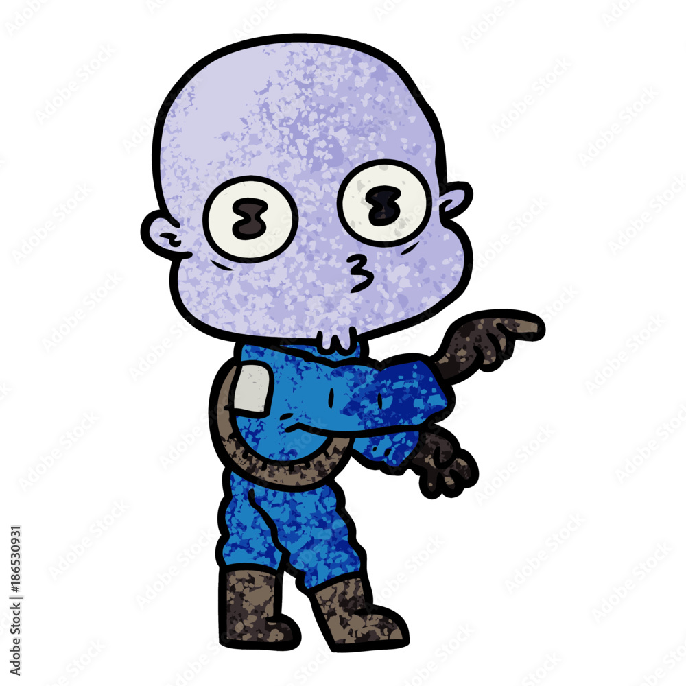 cartoon weird bald spaceman pointing