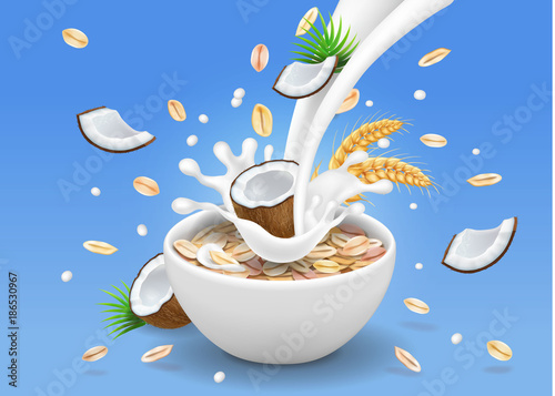 Oatmeal with coconut, milk pouring in a bowl realistic illustration