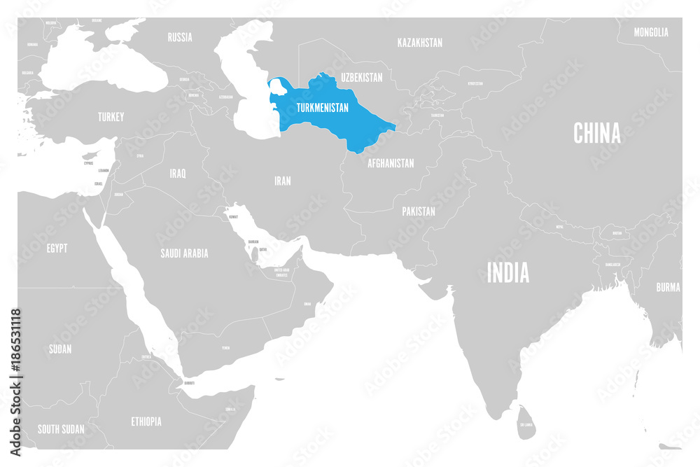 Turkmenistan blue marked in political map of South Asia and Middle East. Simple flat vector map..