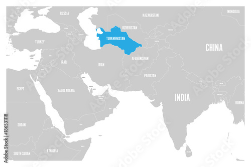 Turkmenistan blue marked in political map of South Asia and Middle East. Simple flat vector map..