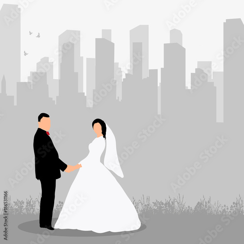 isolated silhouette of a wedding couple, bride and groom