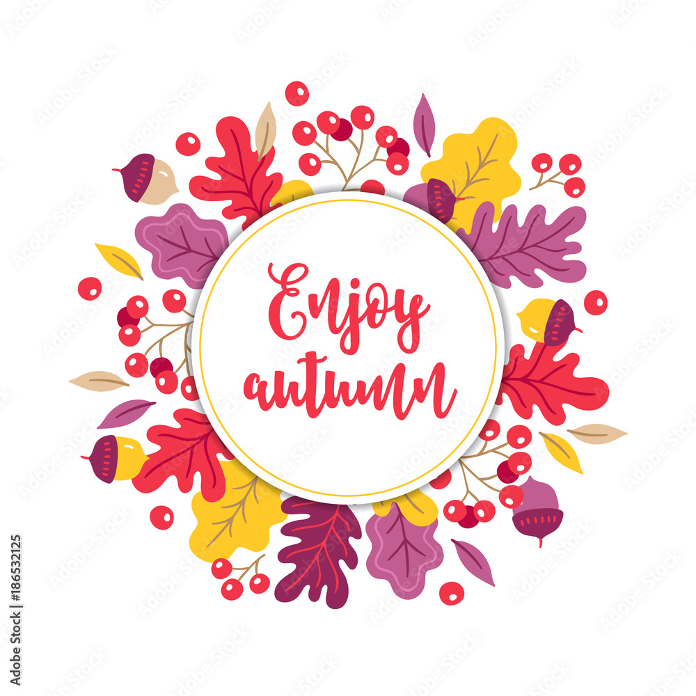 Autumn greeting card with rowan, oak leaves, acorn, berry