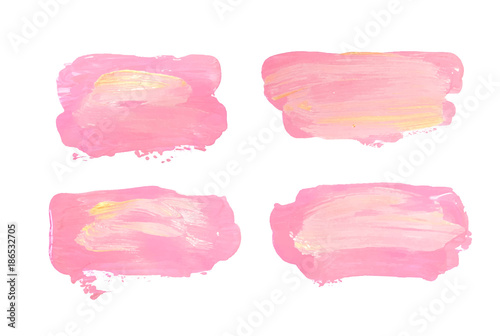 Vector pink and gold paint smear stroke stain set. Abstract gold glittering textured art illustration. Gold Texture Paint Stain Illustration. Hand drawn brush strokes vector elements. Acrilyc strokes.