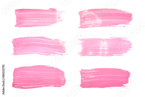 Vector pink paint smear stroke stain set. Abstract pink glittering textured art illustration. Acrylic Texture Paint Stain Illustration. Hand drawn brush strokes vector elements. Acrilyc strokes.