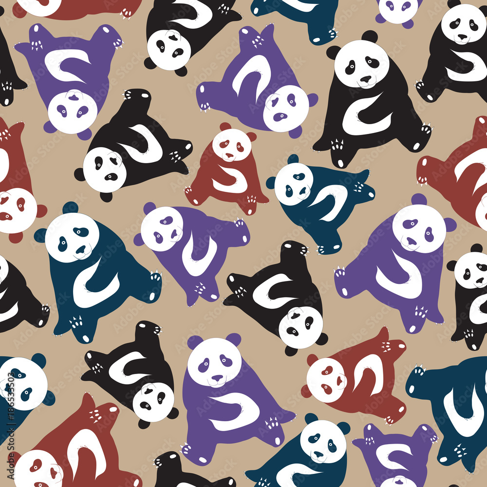 Seamless abstract pattern with hand-drawn cute pandas. Used fashion colors: Ultra Violet, Sailor Blue, Chili Oil, Warm Sand Seamless abstract pattern with hand-drawn cute pandas. Used fashion colors: Ultra Violet, Sailor Blue, Chili Oil, Warm Sand