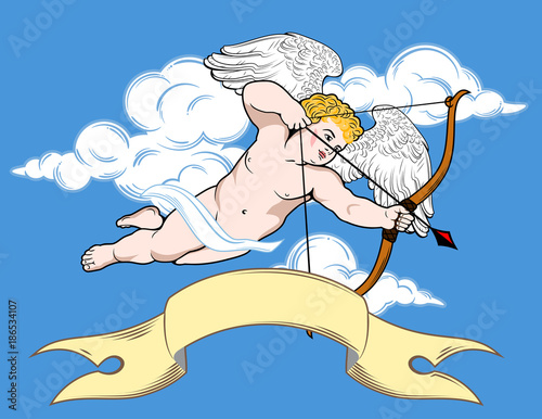 Cute little Cupid is aiming from a crossbow