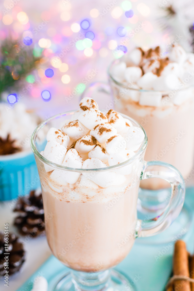 Hot cocoa with marshmallow and ground cinnamon in glasses on the table Hot cocoa with marshmallow and ground cinnamon in glasses on the table