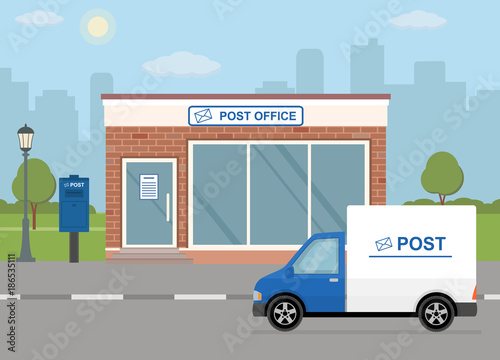 Post office building, delivery truck and mailbox on city background. Flat style, vector illustration. 
