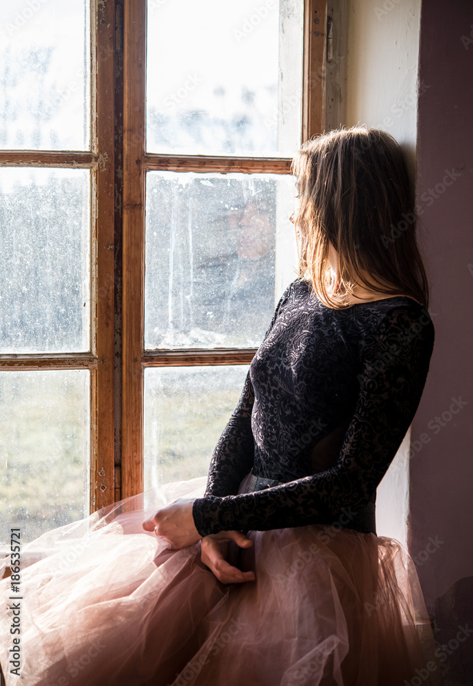 Fototapeta premium Beautiful woman in dream dress at window