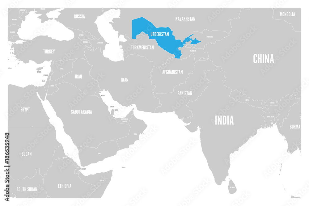 Uzbekistan blue marked in political map of South Asia and Middle East. Simple flat vector map..