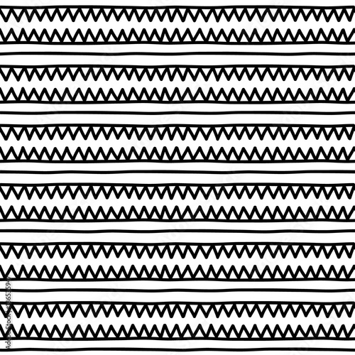 Simple black and white doodle triangles geometric striped seamless pattern, vector