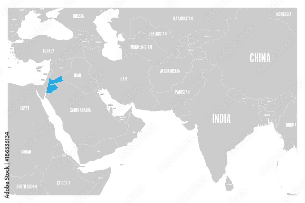 Jordan blue marked in political map of South Asia and Middle East. Simple flat vector map..