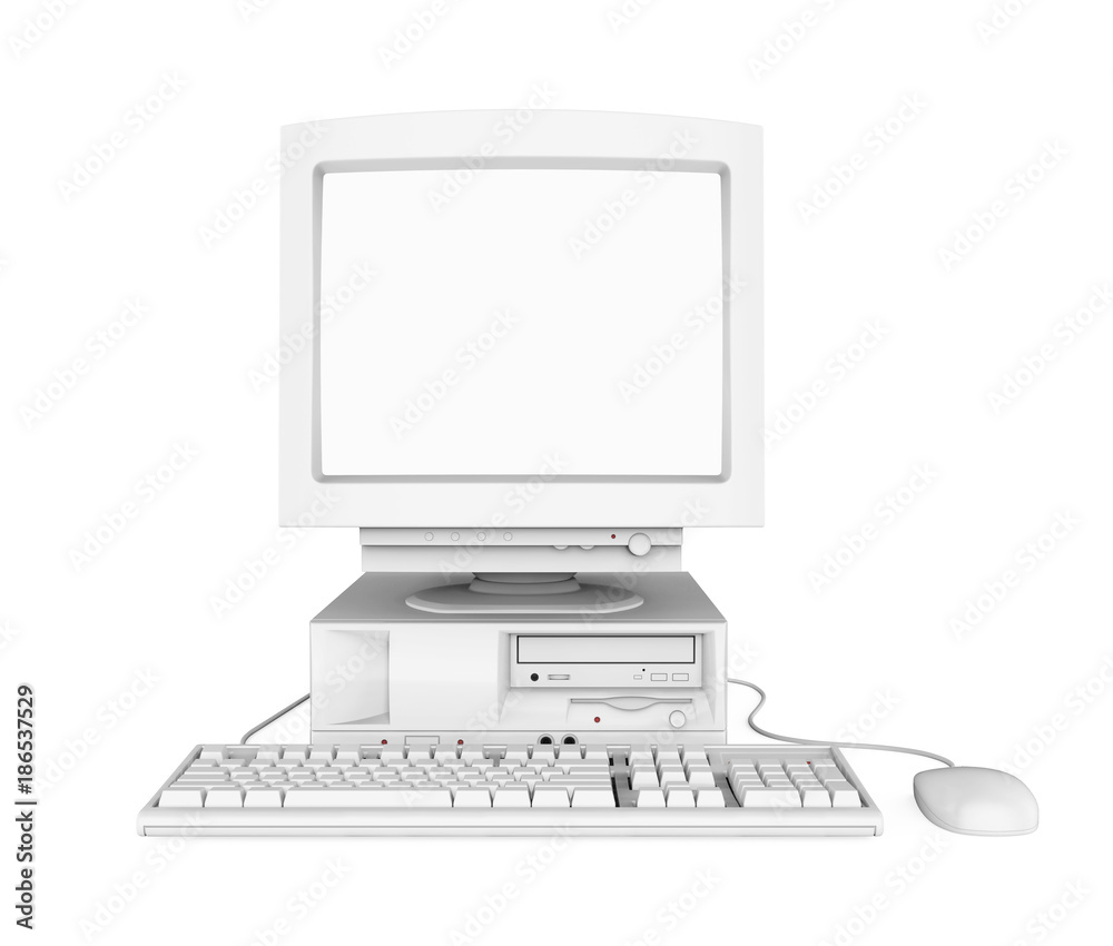 Old Desktop Computer with a Blank White Screen Monitor, Keyboard and ...