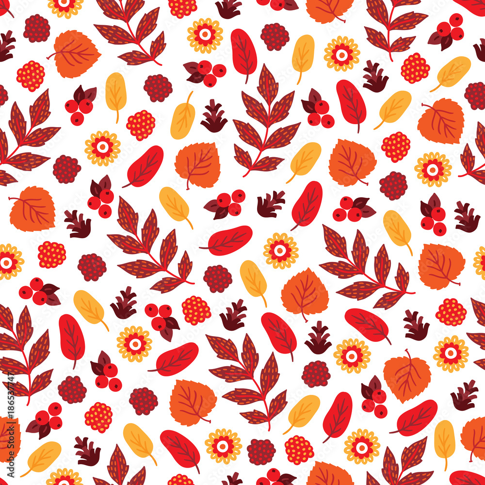 Thanksgiving Day seamless pattern with leaves, berry, cone, branch Thanksgiving Day seamless pattern with leaves, berry, cone, branch