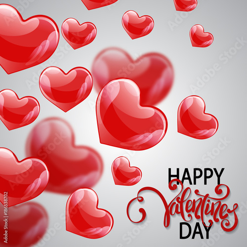 Vector romantic holiday illustration of flying red balloon hearts, "Hapy Valentine's Day" text. Valentines Day, wedding invitation, Mother's day festive decoration