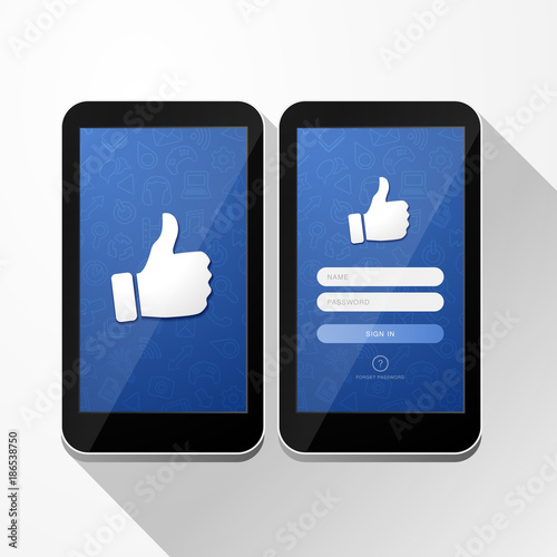 vector illustration smart phone social network icon thumb up login screen with name and password check