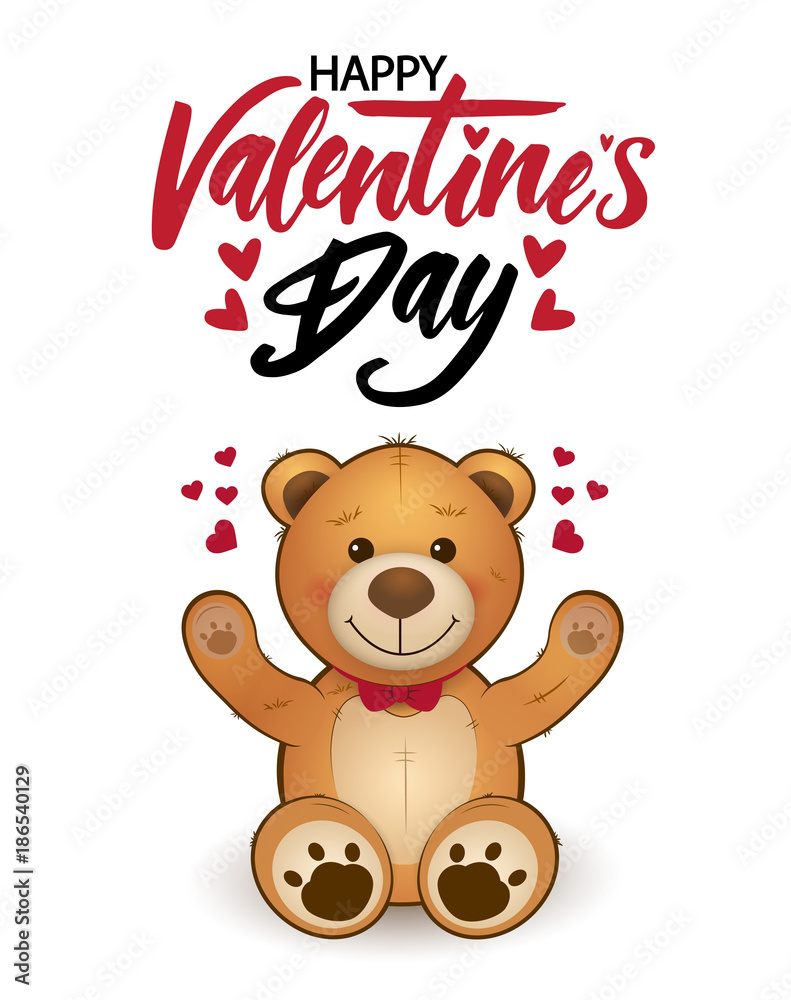 Funny cartoon teddy bear with hearts and lettering. Card on st. Valentine's  day, Stock Vector | Adobe Stock