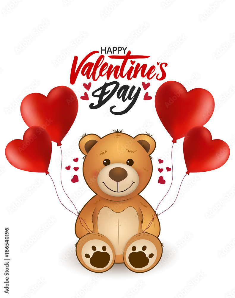 Funny cartoon teddy bear with heart balloons. Greeting card on st. Valentine's  day with hand drawn lettering Stock Vector | Adobe Stock