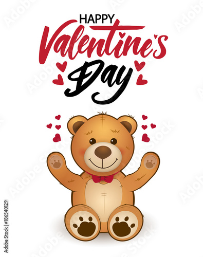 Funny cartoon teddy bear with hearts and lettering. Card on st. Valentine's day, 