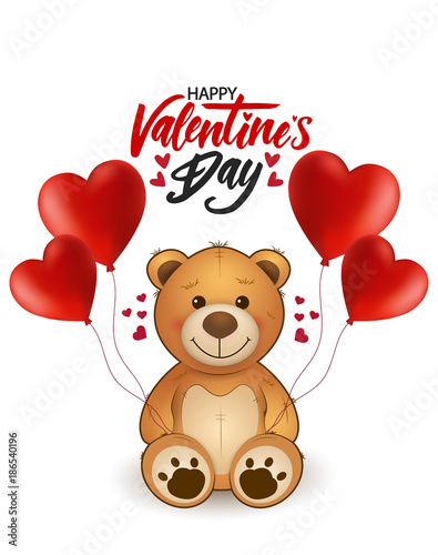 Funny cartoon teddy bear with heart balloons. Greeting card on st. Valentine's day with hand drawn lettering © designervector