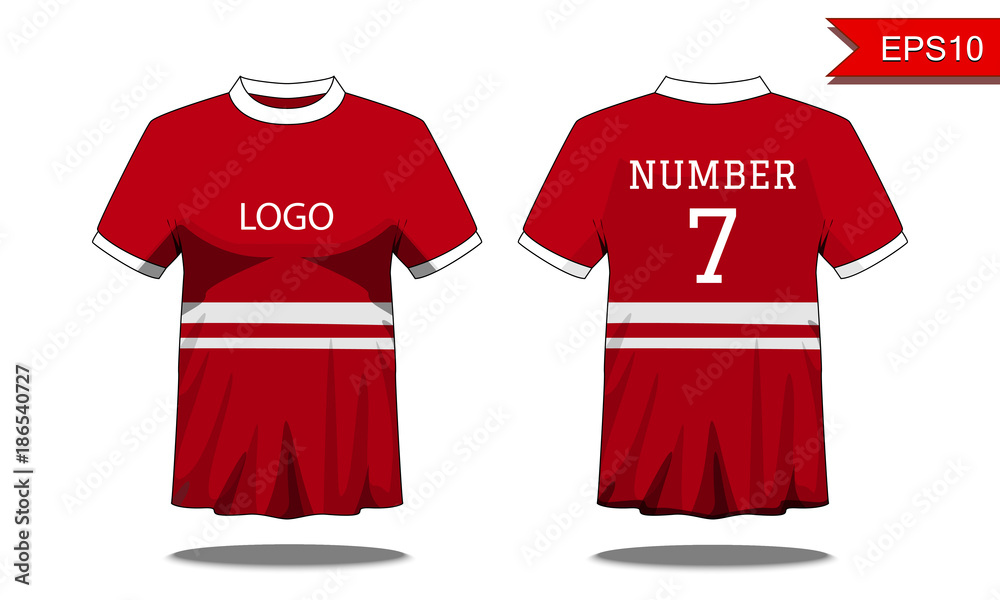 Sport Men's t-shirt with short sleeve in front and back view. Red with white stripe and Editable color design. Mock up of sport wear concept. Sport and Fashion theme. EP10 Vector illustration. Sport Men's t-shirt with short sleeve in front and back view. Red with white stripe and Editable color design. Mock up of sport wear concept. Sport and Fashion theme. EP10 Vector illustration.