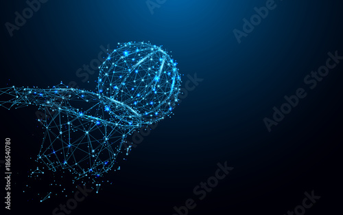 Abstract basketball slam dunk form lines and triangles, point connecting network on blue background. Illustration vector