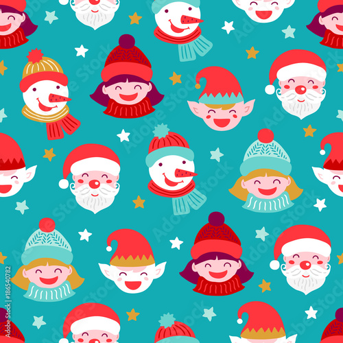Christmas seamless pattern with Santa  elf  girl  snowman and stars