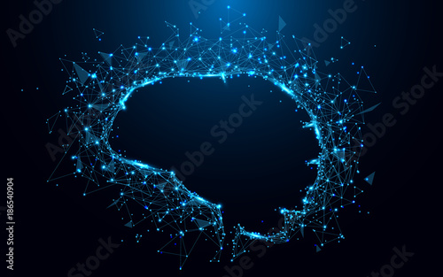 Abstract brain form lines and triangles, point connecting network on blue background Fototapet
