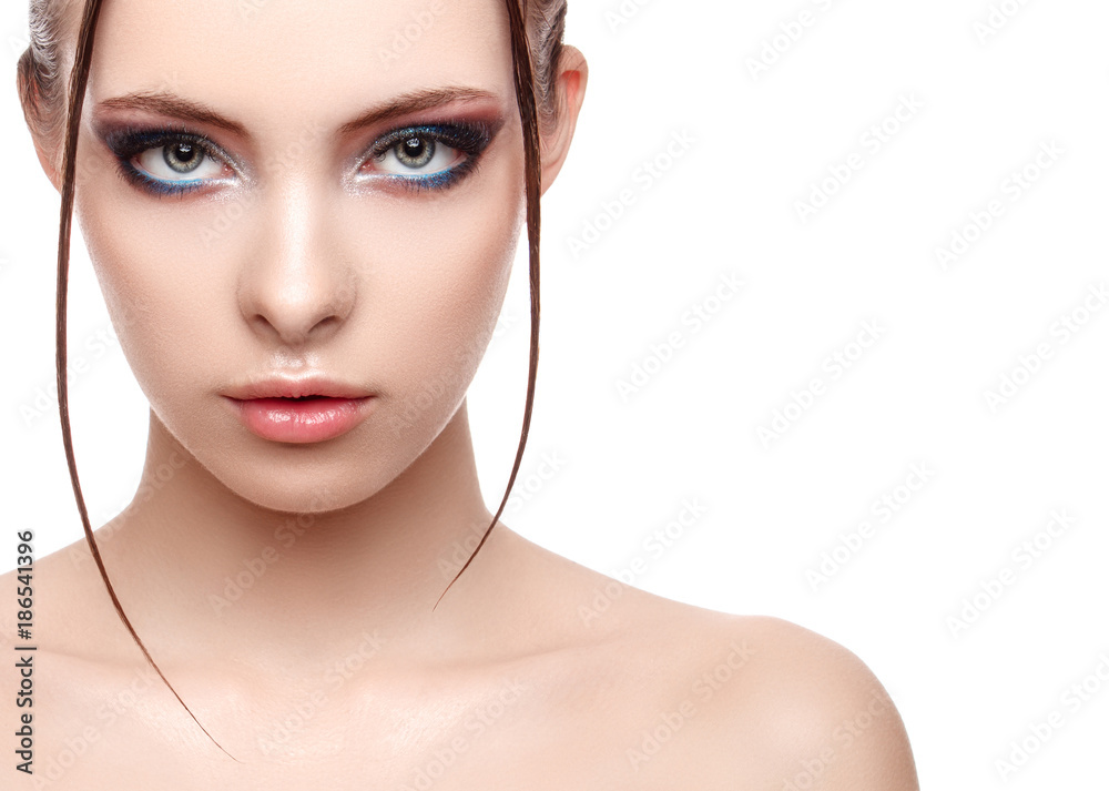 Half-face portrait of beautiful sensitive woman with perfect fresh clean skin, wet effect on her face and body, high fashion and beauty portrait, creative makeup theme, strobing or highlighting makeup Half-face portrait of beautiful sensitive woman with perfect fresh clean skin, wet effect on her face and body, high fashion and beauty portrait, creative makeup theme, strobing or highlighting makeup