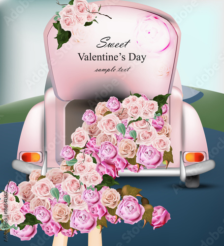 Vintage retro car with rose flowers. Valentines Day card Vector. Greeting car...