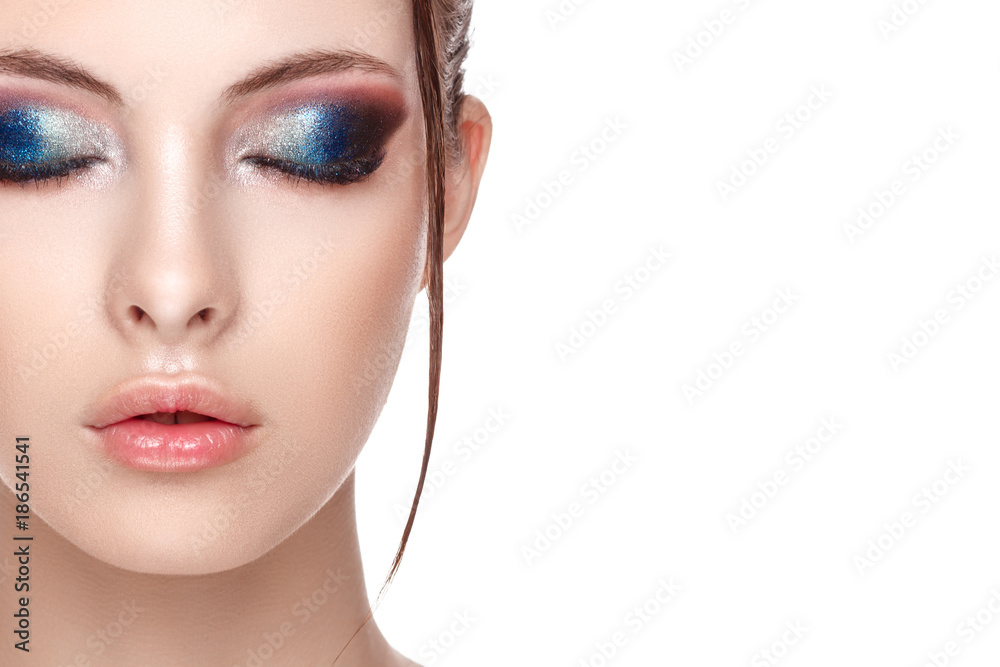 Half-face portrait of beautiful sensitive woman with perfect fresh clean skin, wet effect on her face and body, high fashion and beauty portrait, creative makeup theme, strobing or highlighting makeup Half-face portrait of beautiful sensitive woman with perfect fresh clean skin, wet effect on her face and body, high fashion and beauty portrait, creative makeup theme, strobing or highlighting makeup