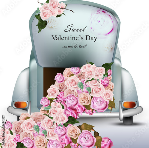 Vintage retro car with rose flowers. Valentines Day card Vector. Greeting card romantic designs