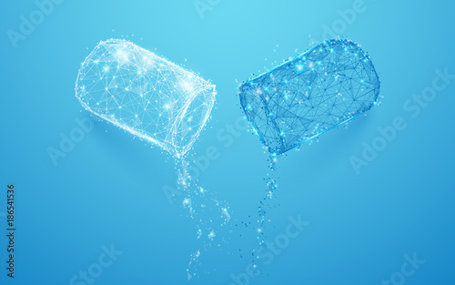 Abstract opened capsule form lines and triangles, point connecting network on blue background. Illustration vector