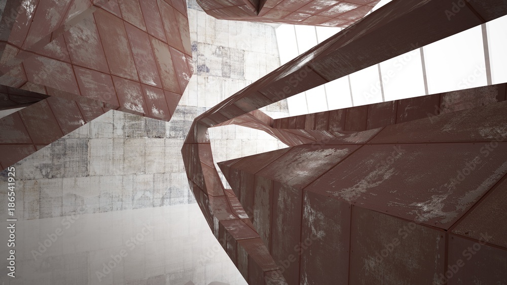 Empty abstract room interior of sheets rusted metal and beige concrete. Architectural background. 3D illustration and rendering Empty abstract room interior of sheets rusted metal and beige concrete. Architectural background. 3D illustration and rendering