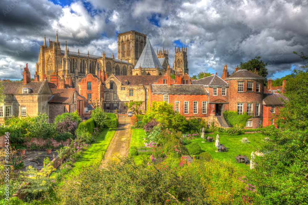 York Minster rear view from the City Walls of the historic cathedral and UK tourist attraction in colourful hdr